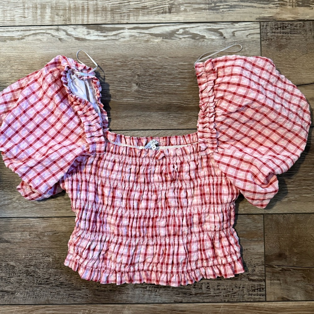 English Factory Pink Gingham Smocked Puff Sleeve Crop Top | M